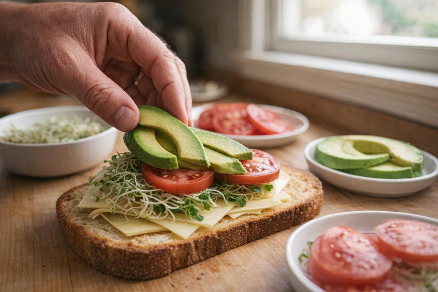 A 45-degree angle shot of a sandwich being assembled, a hand placing a slice of avocado on a toasted slice of sourdough bread, with other ingredients like sprouts, tomato, and cheese arranged around. Natural daylight coming in from a window.